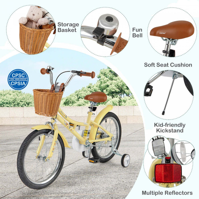 Costway 18\" Velo Enfants Avec Guidon Reglable En Hauteur Siege Panier Cloche Roues D'entrainement Jaune