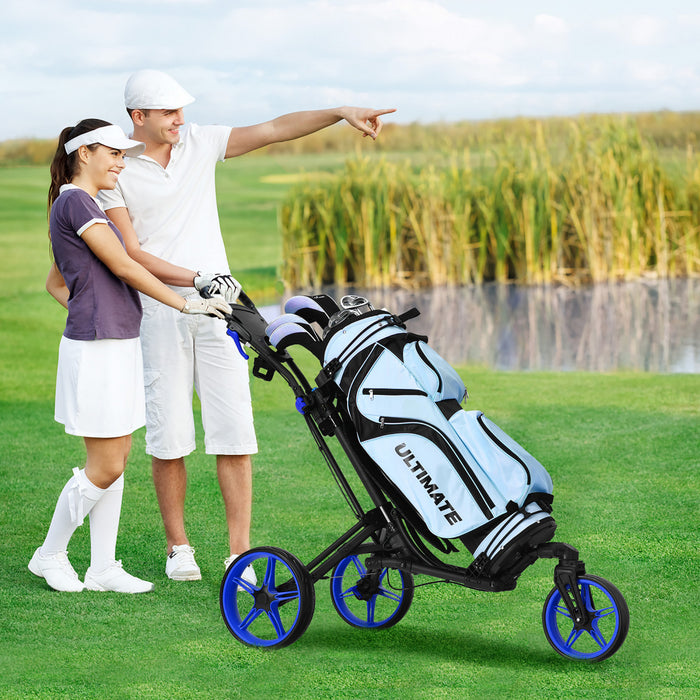 Goplus Pliant Golf Pousser Chariot W / Tableau De Bord Poignee Reglable Roue Pivotante Bleu