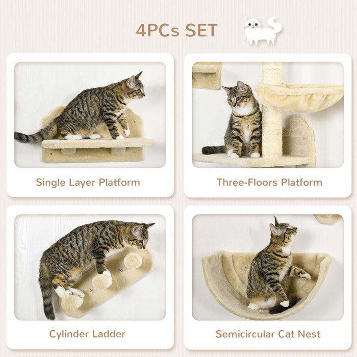 Pawhut Grimpeur Mural Pour Chat Avec Hamac, Griffoir, 3 Marches, Plateformes De Saut, Etagere Murale Pour Chat Pour Se Detendre, Dormir, Grimper, Mobilier Mural Pour Chat D'interieur - Beige