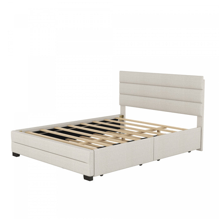 Sophie – Lit Plateforme Rembourre En Tissu Aspect Lin Avec Lit Gigogne Et Tiroirs De Rangement, Format Grand, Beige