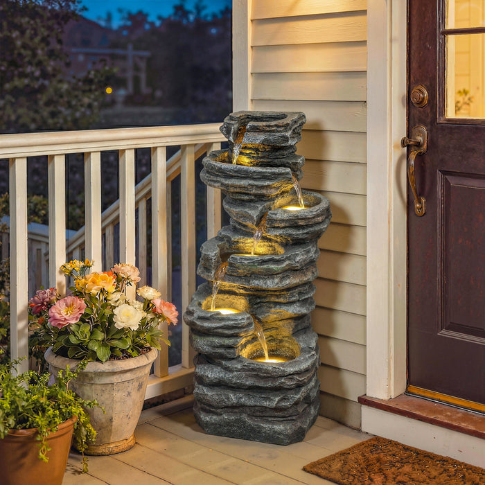 Fontaine d'Exterieur Outsunny a 6 Niveaux, Cascade avec Lumieres LED