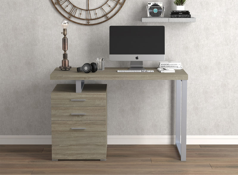 Bureau D’etude 47,25 Po Pour Bureau A Domicile Ou Salle De Jeux – Taupe Fonce Avec 3 Tiroirs Et Base En Metal Argente