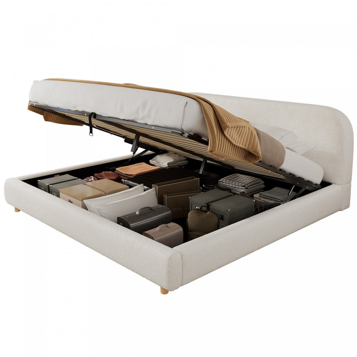 Lit plateforme Laurel avec coffre de rangement a levage hydraulique, tapisserie bouclee et espace de rangement cache sous le lit, taille King, blanc