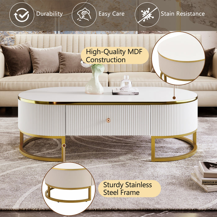 Table Basse Ovale Edison De 47,2\" En Bois Composite Avec Tiroirs De Rangement, Blanche