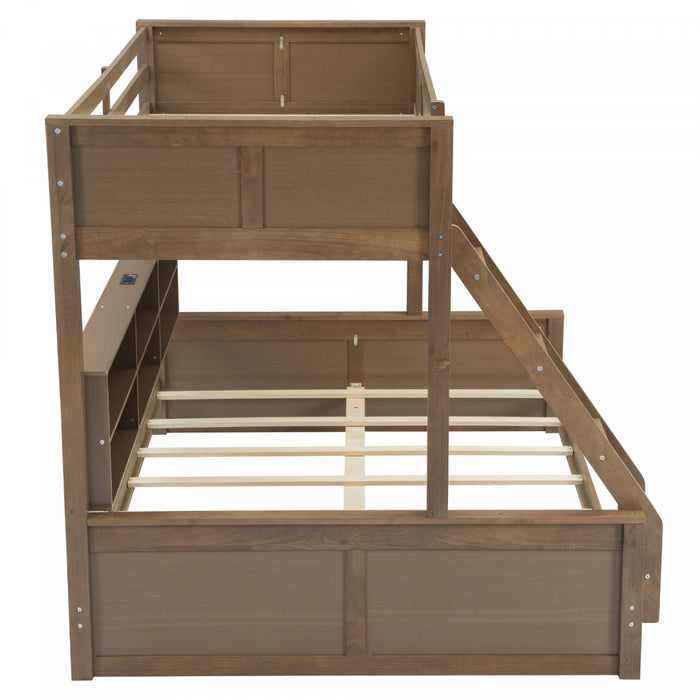 Lit superpose Liam en bois massif Twin XL sur Queen avec rangement et ports USB, brun