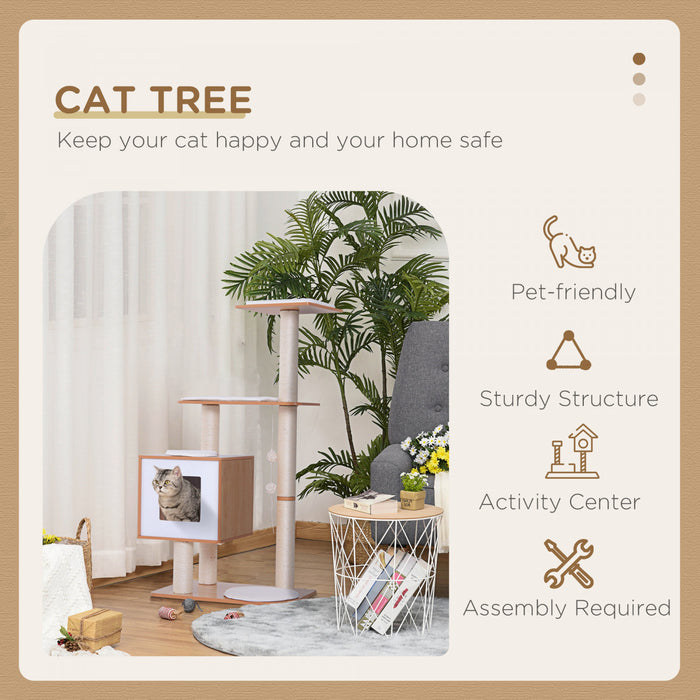 Pawhut Arbre A Chats Design Contemporain Griffoirs Grattoirs Sisal Naturel Centre D\u0092activites Niche Plate-formes Jeu Boules Suspendues 66l X 47l X 120h Cm Mdf Hetre Clair