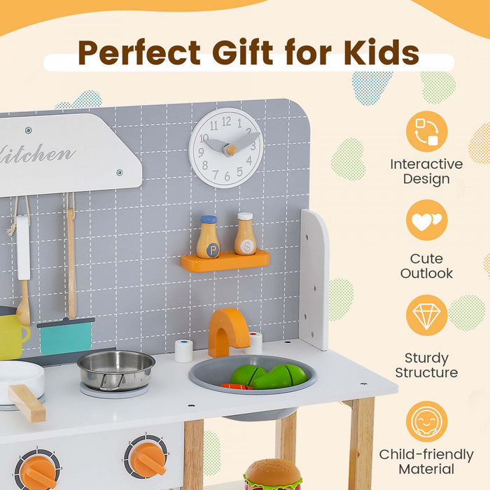 Cuisine Pour Enfants En Bois Avec Etageres De Rangement, Accessoires De Cuisine, Horloge Mignonne Et Son Realiste, Jeu De Cuisine D'imitation Pour Tout-petits, Cadeau Pour 3+ Ans