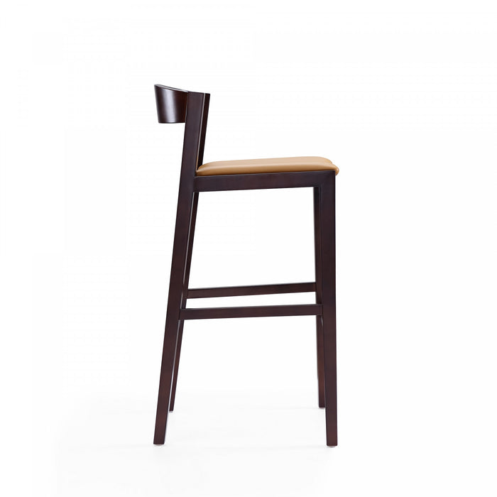 Tabouret de bar en bois rembourre style Klismos mi-siecle moderne, coloris camel - Lot de 2