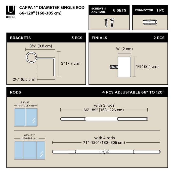  Tringle à rideaux extensible Cappa de Umbra nickel de 1 po - 66 po à 120 po