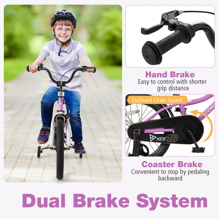 Costway 18\" Velo Pour Enfants Pour Garcons Et Filles De 4 A 8 Ans Avec Reflecteurs De Frein A Main Reglables Violet