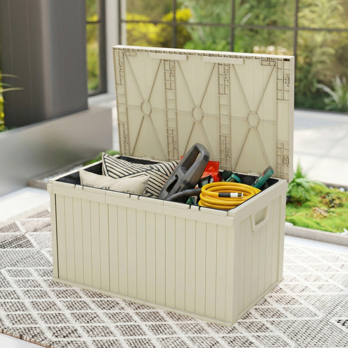Outsunny Coffre de rangement exterieur 265L, coffre en resine avec poignees, beige sable