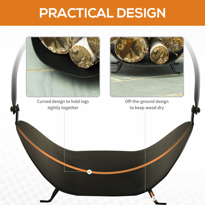 Outsunny 16\" Porte-buches De Cheminee Incurve Porte-buches De Cheminee Porte-panier De Rangement En Bois Avec Poignee, Pour Une Utilisation En Exterieur Et En Interieur, Noir