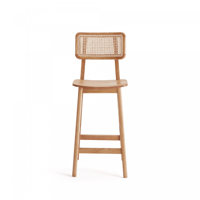 Tabouret de comptoir en bois a dossier cannage style industriel chic Versailles, naturel - Lot de 2