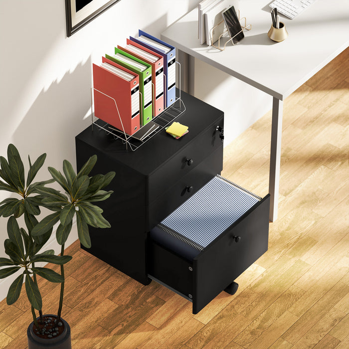 HOMCOM Classeur a 3 tiroirs avec serrure, classeur mobile, noir