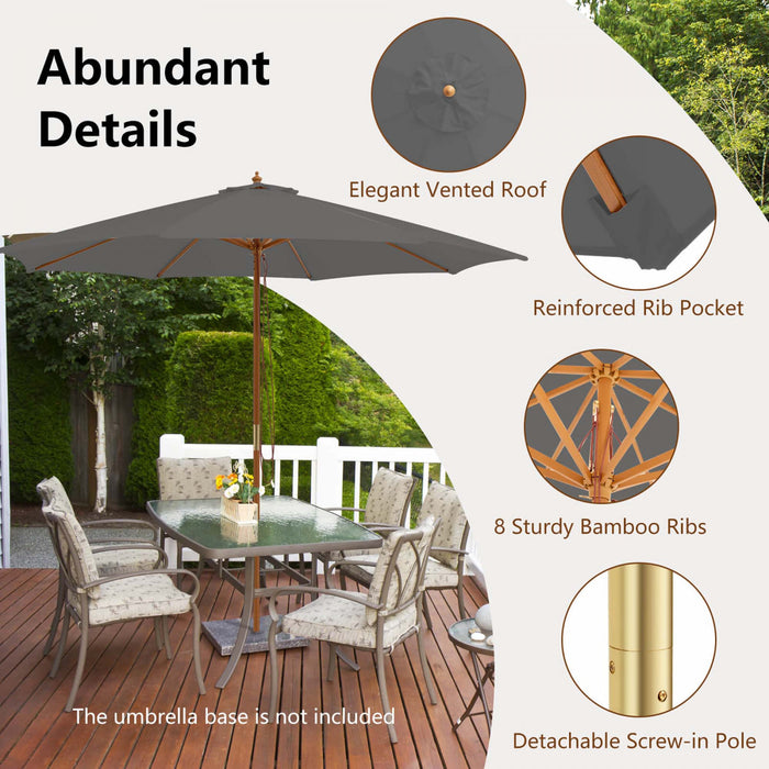 Parasol de marche en bois Costway 10 pieds avec poulie et 8 baleines en bambou, tissu d'ombrage gris