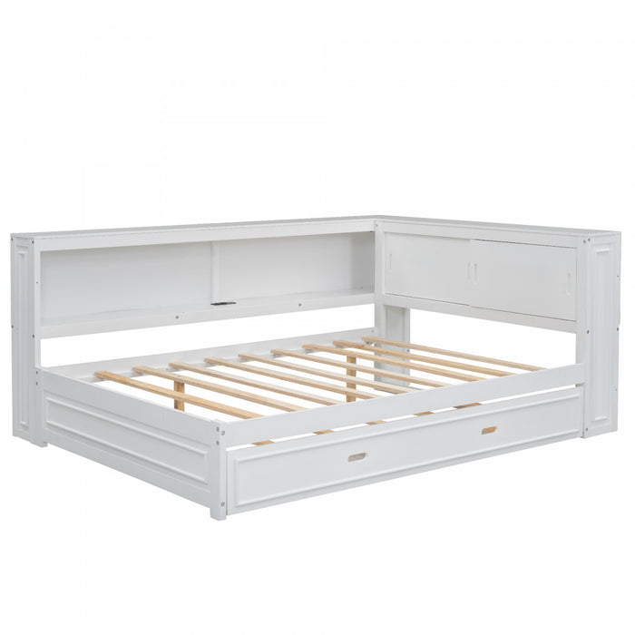 Diana – Lit De Jour Double En Bois Avec Etageres De Rangement, Ports Usb Et Eclairage Del, Blanc