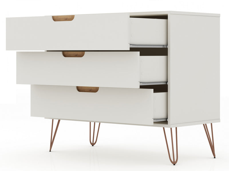 Commode Rockefeller Mid-Century Modern 89 cm en blanc casse (3 tiroirs) – Lot de 2