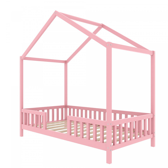 Paul Lit Montessori au sol avec baldaquin et barrieres hautes, Taille Simple, Rose