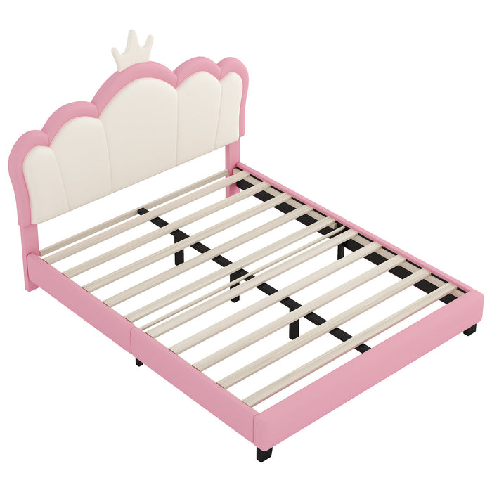 Lit Princesse Judson Tapisse Avec Tete De Lit En Forme De Couronne Et Cadre Plateforme En Pu, Taille Full, Rose
