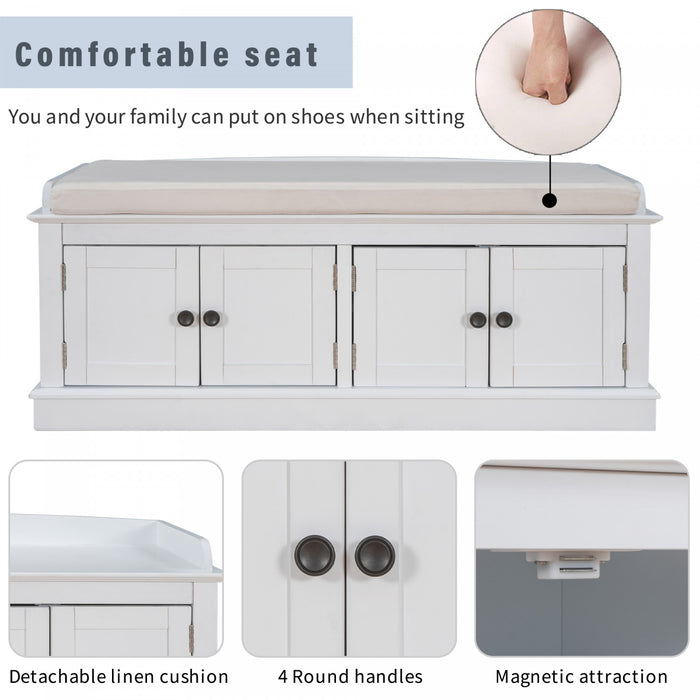 Daniel Banc De Rangement En Bois Massif Avec Armoire A Chaussures A 4 Portes Et Etageres Reglables, Blanc