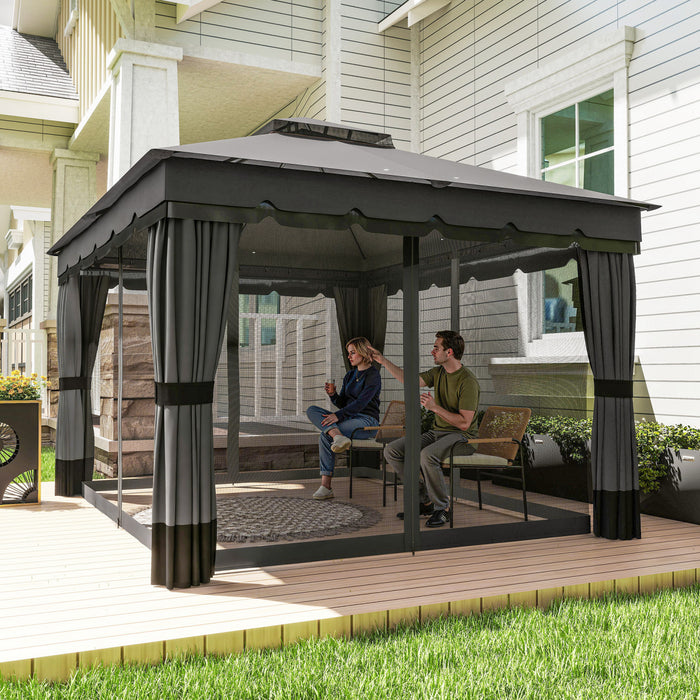 Outsunny 3 m x 3,6 m a double toit Gazebo d'exterieur avec filet et rideaux