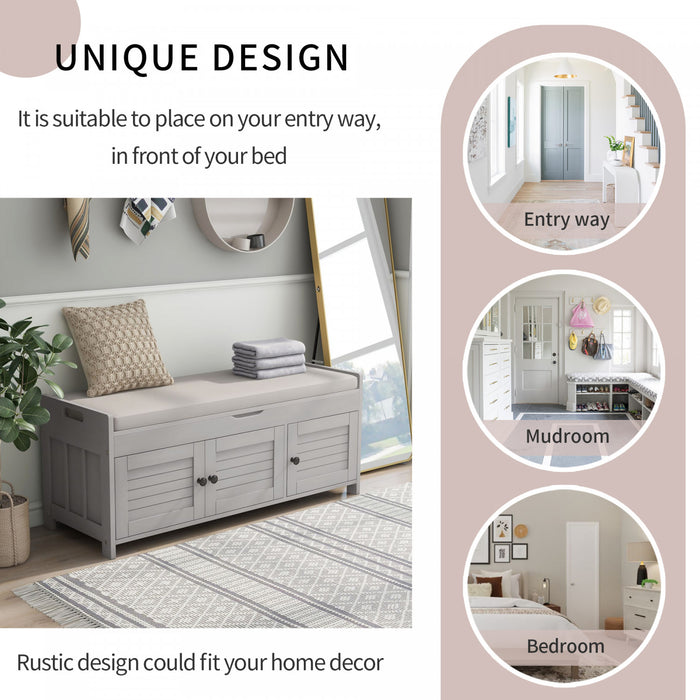 Banc De Rangement Olivia En Pin Avec Meuble A Chaussures 3 Portes Et Compartiment Cache, Gris Patine