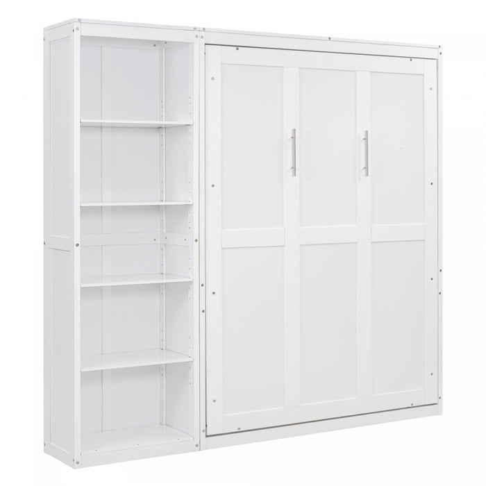 Lit Escamotable Double Jocelyn Gain De Place Avec Etageres, Blanc