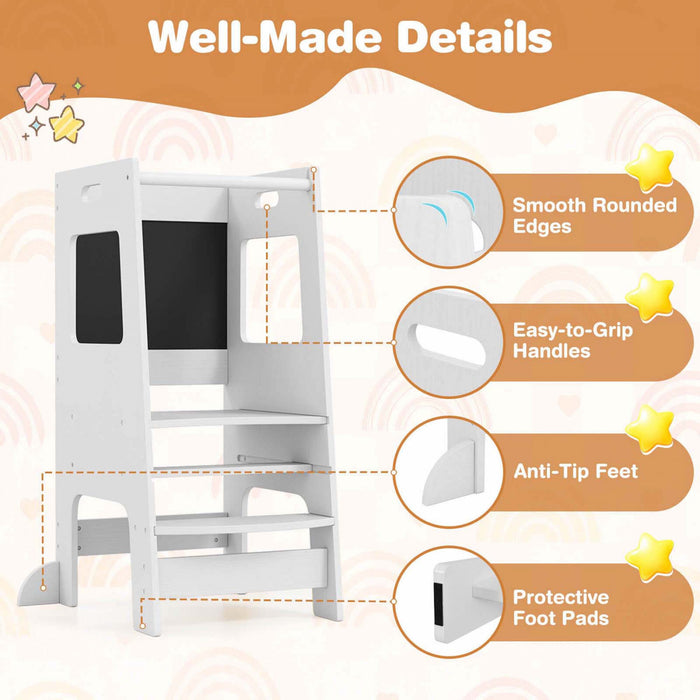 Tabouret D'etape De Cuisine Costway Pour Tout-petit Enfant Avec Tableau A Bois D'activite Reglable En Hauteur Et Rail De Securite Blanc