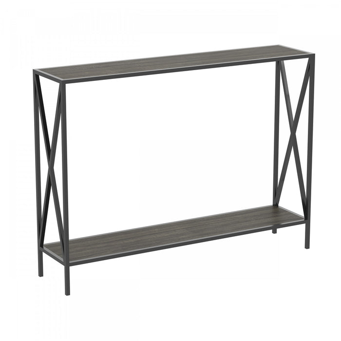 Console de 40 po avec 1 tablette - bois gris foncé et base en métal noir