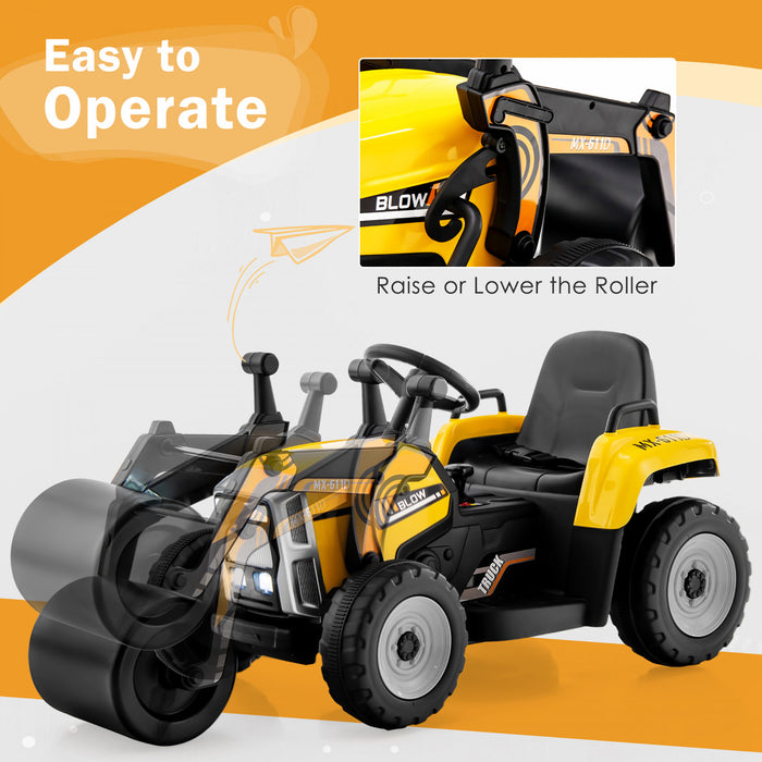 Costway Enfants Roulent Sur La Route Rouleau 12v Tracteur Electrique A Distance W / Musique & Led Jaune Clair