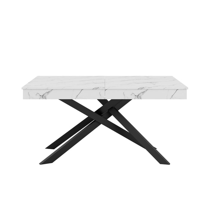 FlexDine Table a Manger Rectangulaire Extensible 55-71 po avec Pieds Croises et Finition Effet Marbre, Marbre Blanc