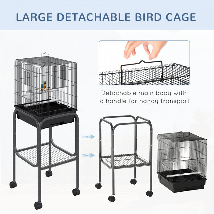 Pawhut 44,5\"h Support De Spot De Jeu Pour Perroquet En Metal Avec Cage A Oiseaux Avec Etagere De Rangement Pour Roues Multi-portes Noir