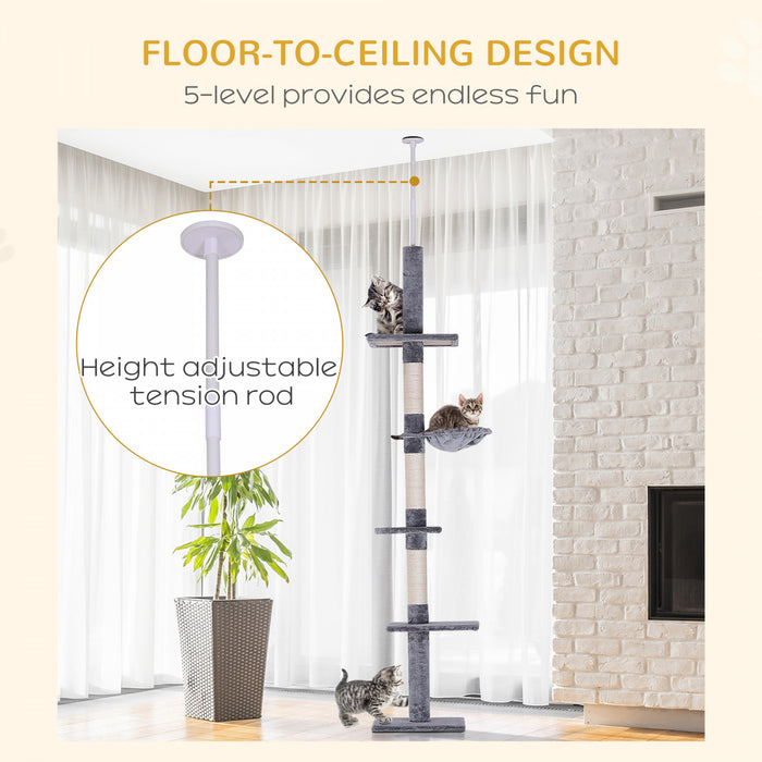 Pawhut Arbre D'escalade Pour Chat De 8,5 Pieds Centre D'activites Kitty A 5 Niveaux Jouet D'escalade Pour Chat Du Sol Au Plafond Avec Poteau A Gratter Meubles Pour Animaux Gris