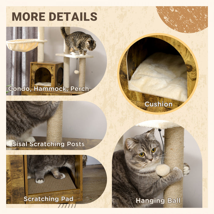 Pawhut Boite A Litiere Avec Tour D'arbre A Chat, Meubles De Toilette Caches Pour Chat Avec Condo, Griffoirs, Grande Plate-forme, Hamac Et Coussin Moelleux, Marron Rustique