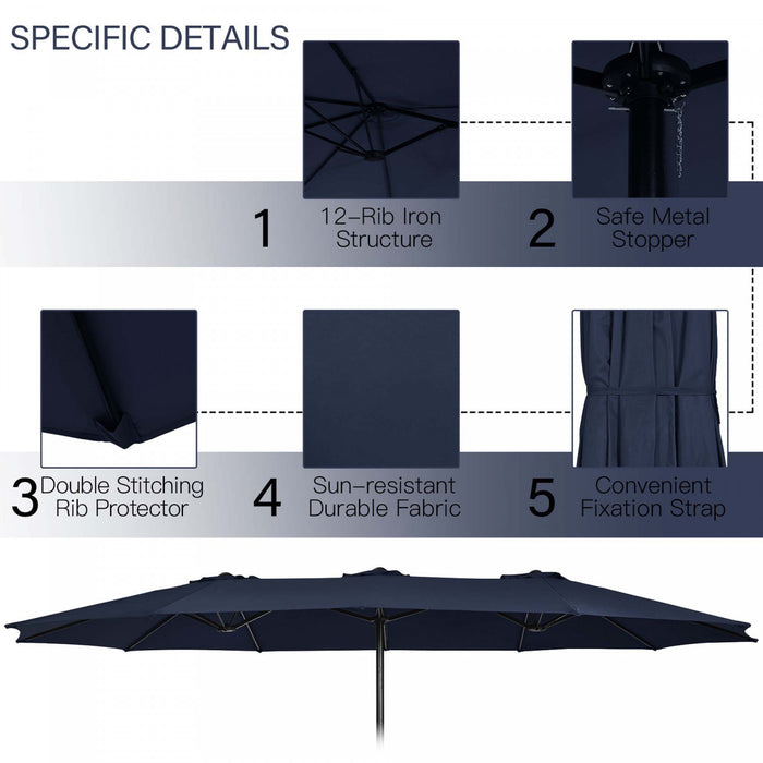 Parasol double face Costway de 15 pieds avec commande par manivelle, base de marche, couleur marine