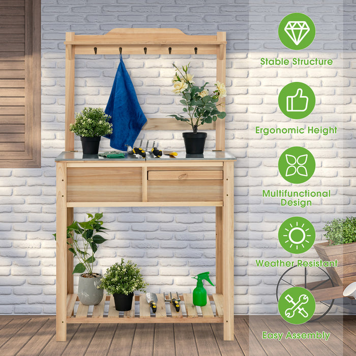 Station De Travail En Bois De Table En Bois De Jardin En Plein Air Costway W/metal Top Open Shelf