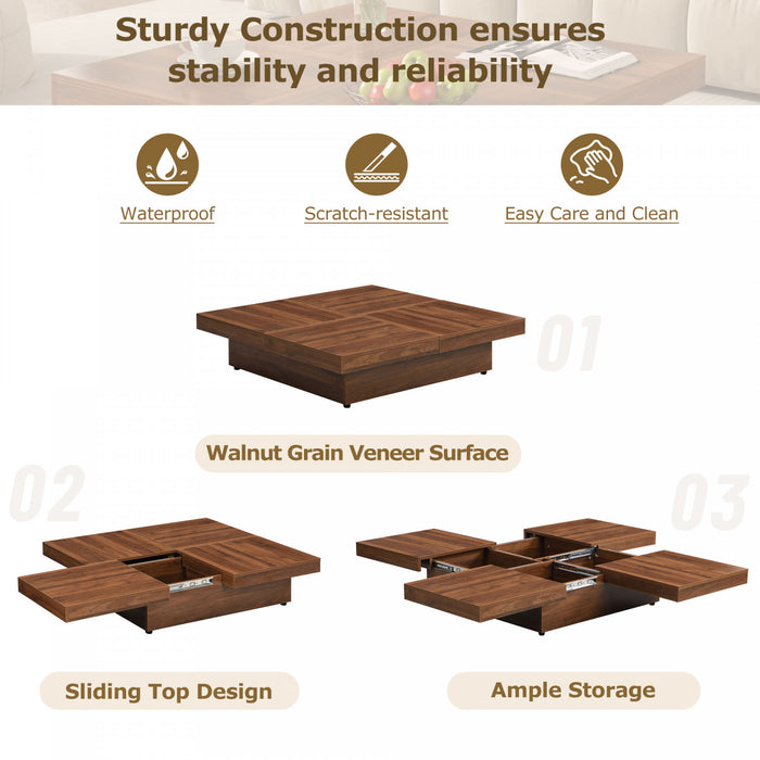 Table Basse Carree Jack De 39,4\" En Bois Composite Avec Plateau Coulissant Et Rangement, Finition Noyer