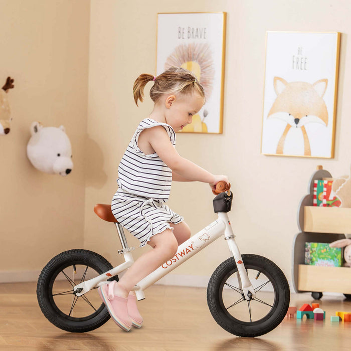 Bicycle D'equilibre Costway 12 Pouces Sans Pedale Bicycle D'entrainement Avec Pneus En Caoutchouc Gonflables Blancs
