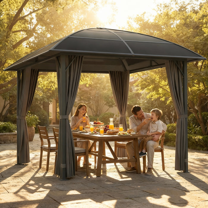 Tonnelle rigide Outsunny 3x3 m avec toit en polycarbonate UV60+ et rideaux