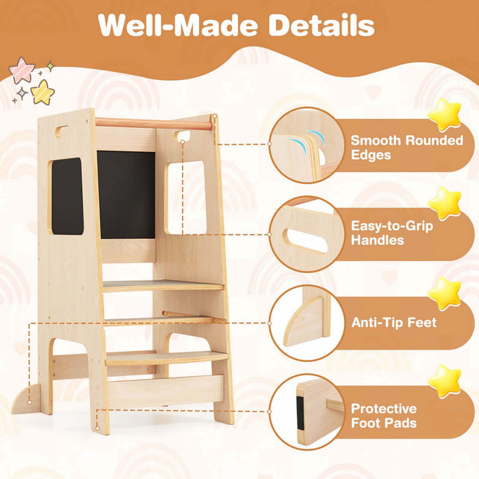 Tabouret D'etape De Cuisine Costway Pour Tout-petit Enfant Avec Tableau A Bois D'activite Reglable En Hauteur Et Rail De Securite Beige