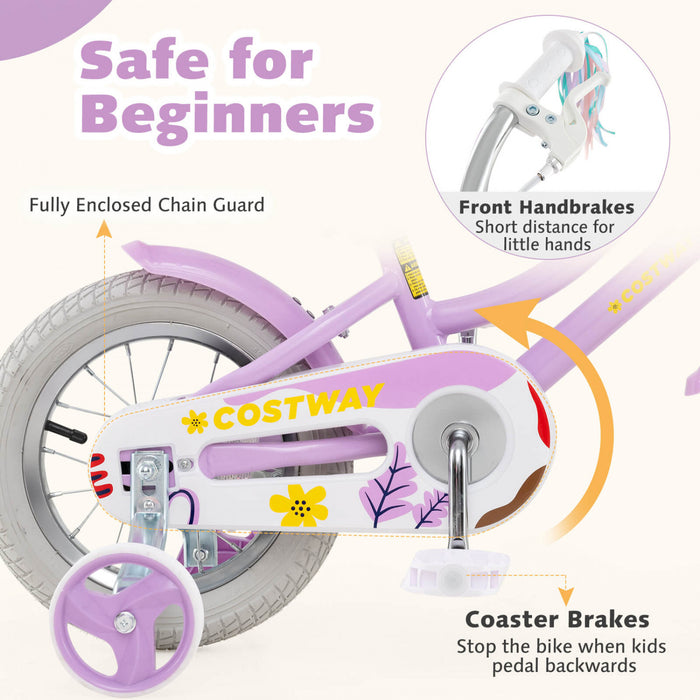 Costway 12 Pouces Enfants Velo Avec Roues D'entrainement Poupee Siege Panier Streamers Frein A Main Violet