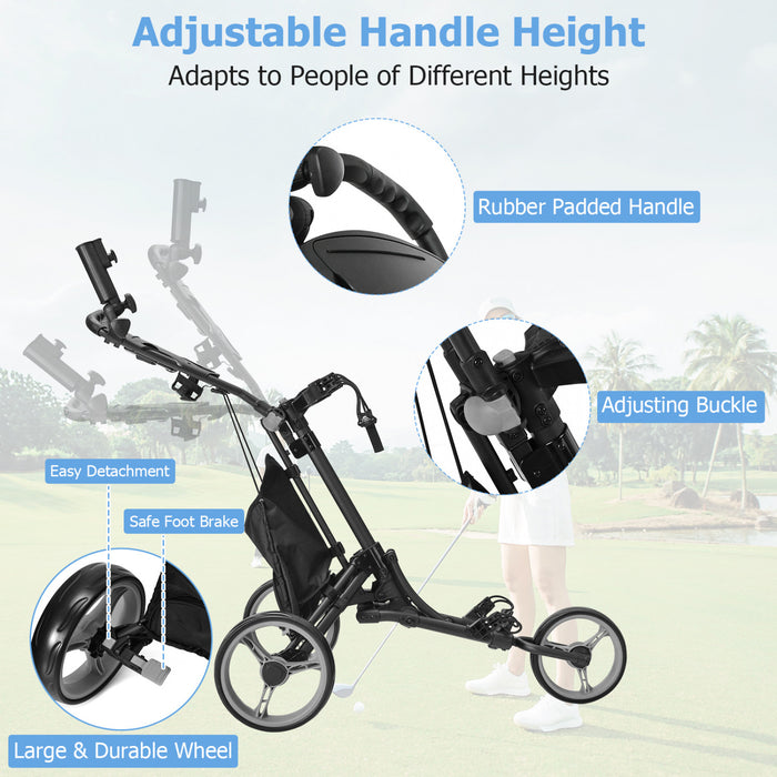 Chariot De Golf Pliable A 3 Roues, 4 Positions De Hauteur Reglables, Chariot De Golf Leger, Chariot De Golf En Aluminium Avec Porte-ombrelle Reglable, Sac Etanche, Glaciere Integree, Frein A Pied, Ouverture Et Fermeture Rapides.