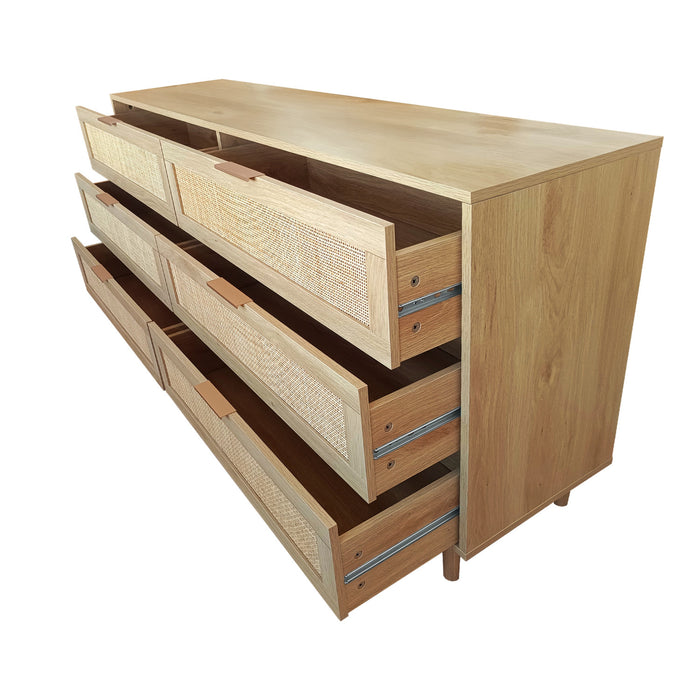 Meuble de rangement moderne Mila a 6 tiroirs en rotin avec structure en bois manufacture, couleur naturelle, 130 cm