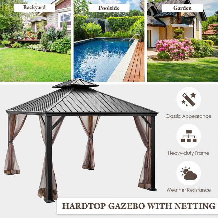 Costway 12ft X 10ft Hardtop Gazebo Exterieur A 2 Niveaux En Acier Galvanise Canopy Brun