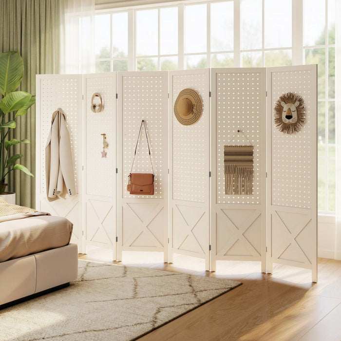HOMCOM Paravent a 6 Panneaux avec Panneau Perfore pour Interieur, Blanc