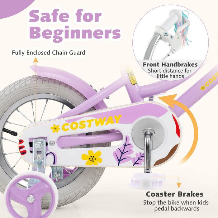 Costway 14 Pouces Enfants Velo Avec Roues D'entrainement Poupee Siege Panier Streamers Frein A Main Violet