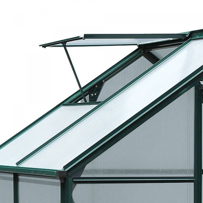 Outsunny Serre De Jardin Aluminium Polycarbonate 6.2' X 4.3' X 6.6' Lucarne, Porte Coulissante + Fondation Incluse Alu. Vert Polycarbonate Transparent