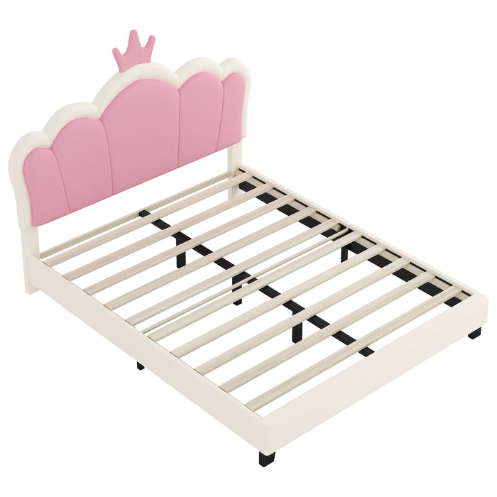 Lit Princesse Judson Tapisse Avec Tete De Lit En Forme De Couronne Et Cadre Plateforme En Pu, Taille Full, Creme