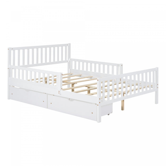 Emma – Lit Plateforme en Bois avec Barrieres de Protection et Tiroirs de Rangement, Format Double - Blanc