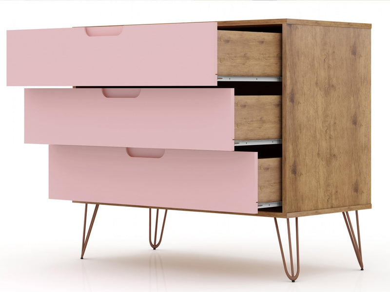 Commode Rockefeller Mid-Century Modern 89 cm en rose (3 tiroirs) – Lot de 2